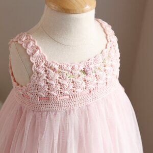 Pink Tulle & Cotton Crochet Boutique Couture Dress Special Occasion 12/18 Months